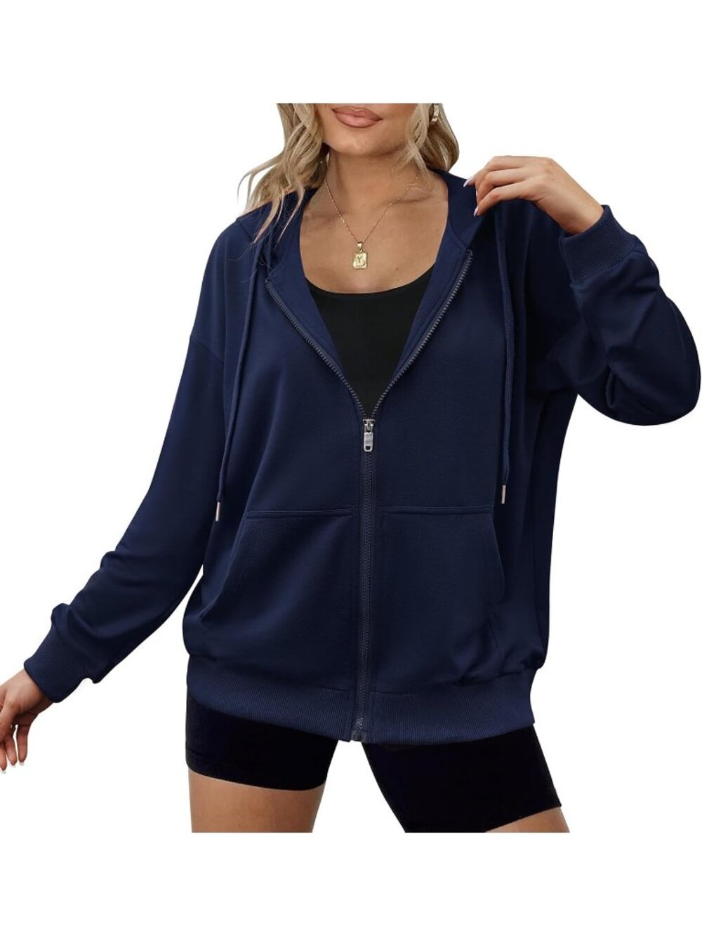 Women Navy Blue Long Sleeve Zip Up Oversized Sweatshirt Pockets Zipper Jackets